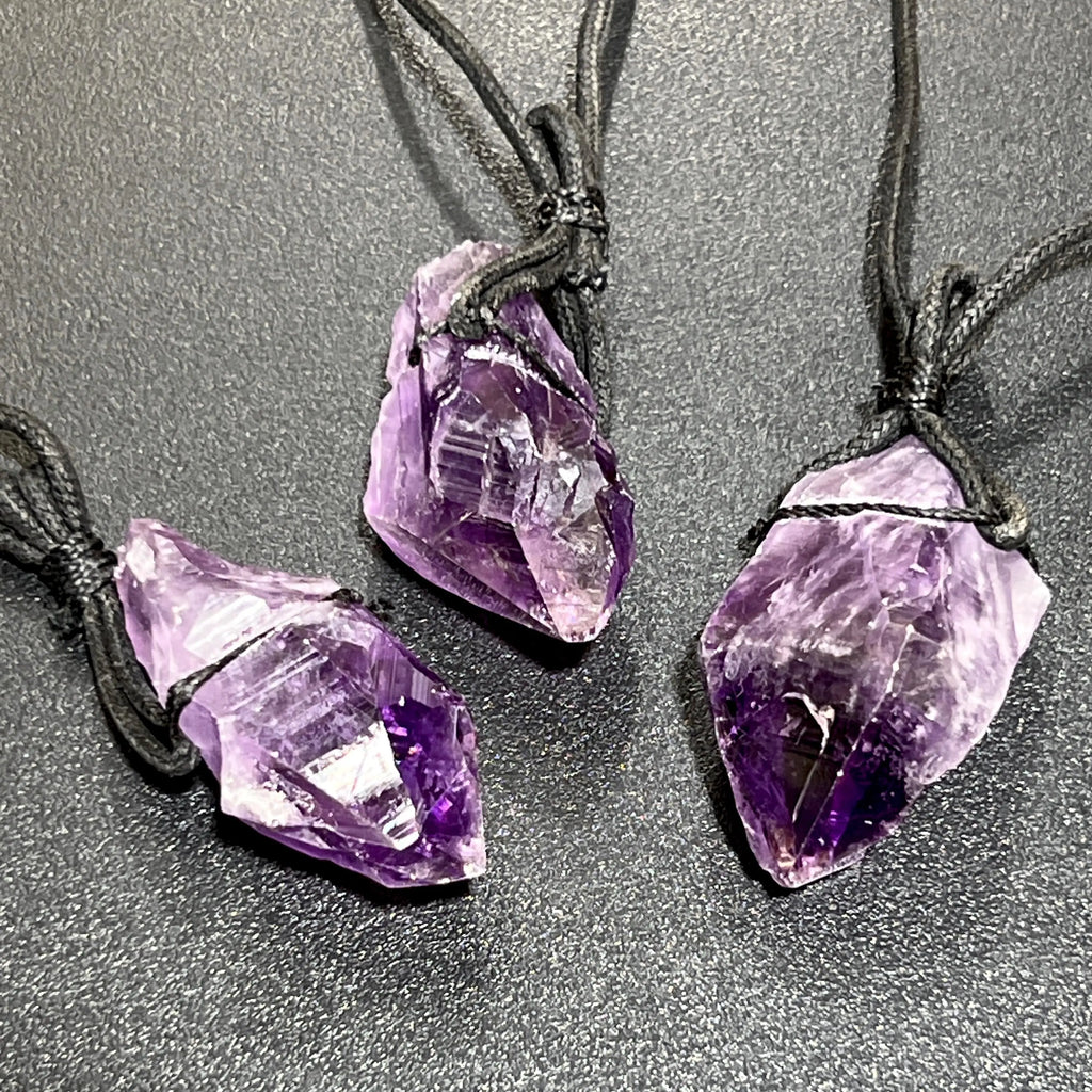 Large Dark Amethyst Crystal Raw Point Necklace (24 Inch Black Cord) Gemstone Jewelry Pendant | Jewelry > Necklaces > Crystal Necklaces | Wiccan Center