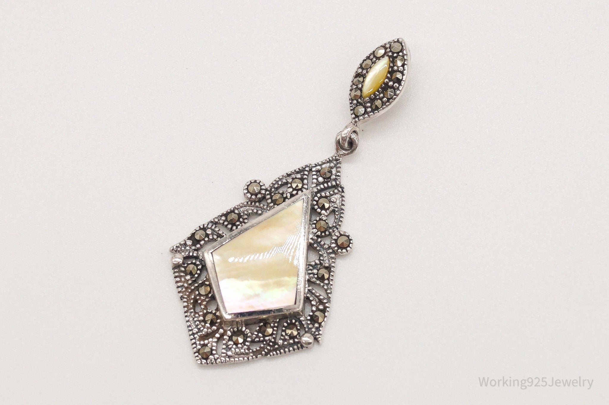 Vintage Art Deco Mother Of Pearl Marcasite Sterling Silver Pendant | Jewelry > Necklaces > Pendants | Wiccan Center