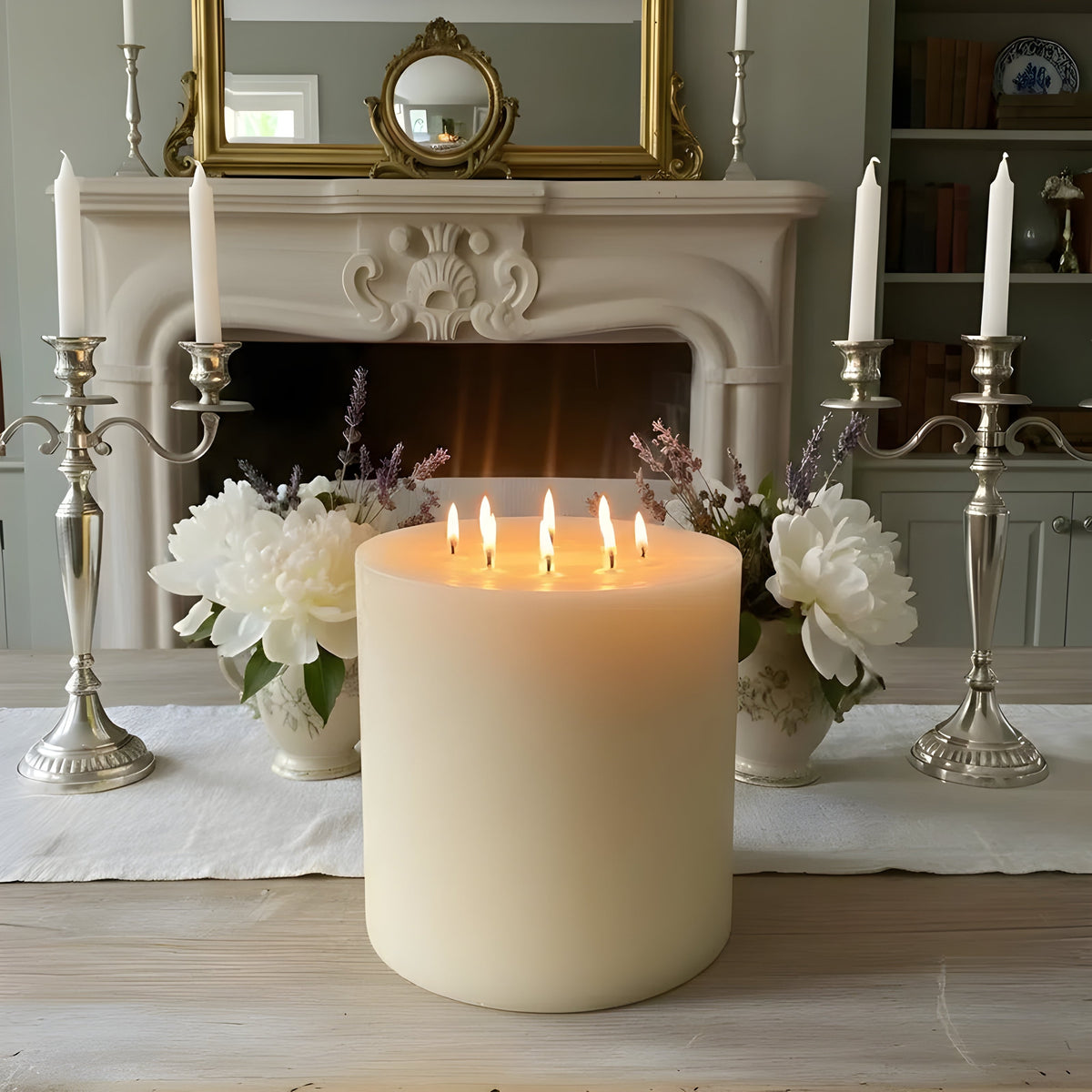 Bonfire White Beeswax Candle Eight-Wick Luxury Statement Pillar 9″ Tall 8″ Wide | Pillar Candles | Wiccan Center