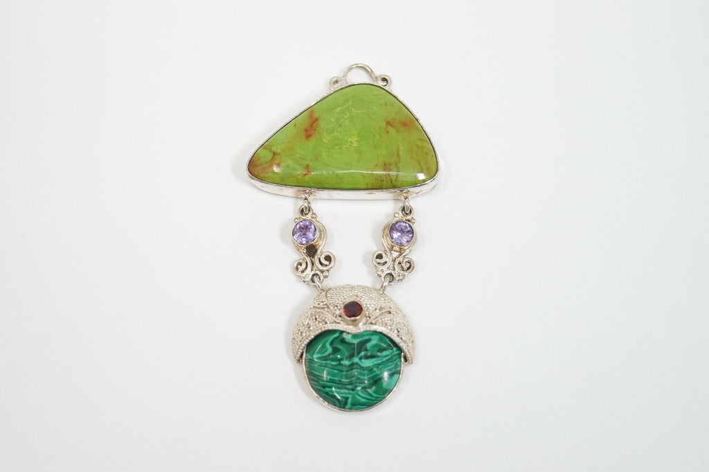Vintage Turquoise Amethyst Malachite Garnet Sterling Silver Moon Face Pendant | Jewelry > Necklaces > Pendants | Wiccan Center