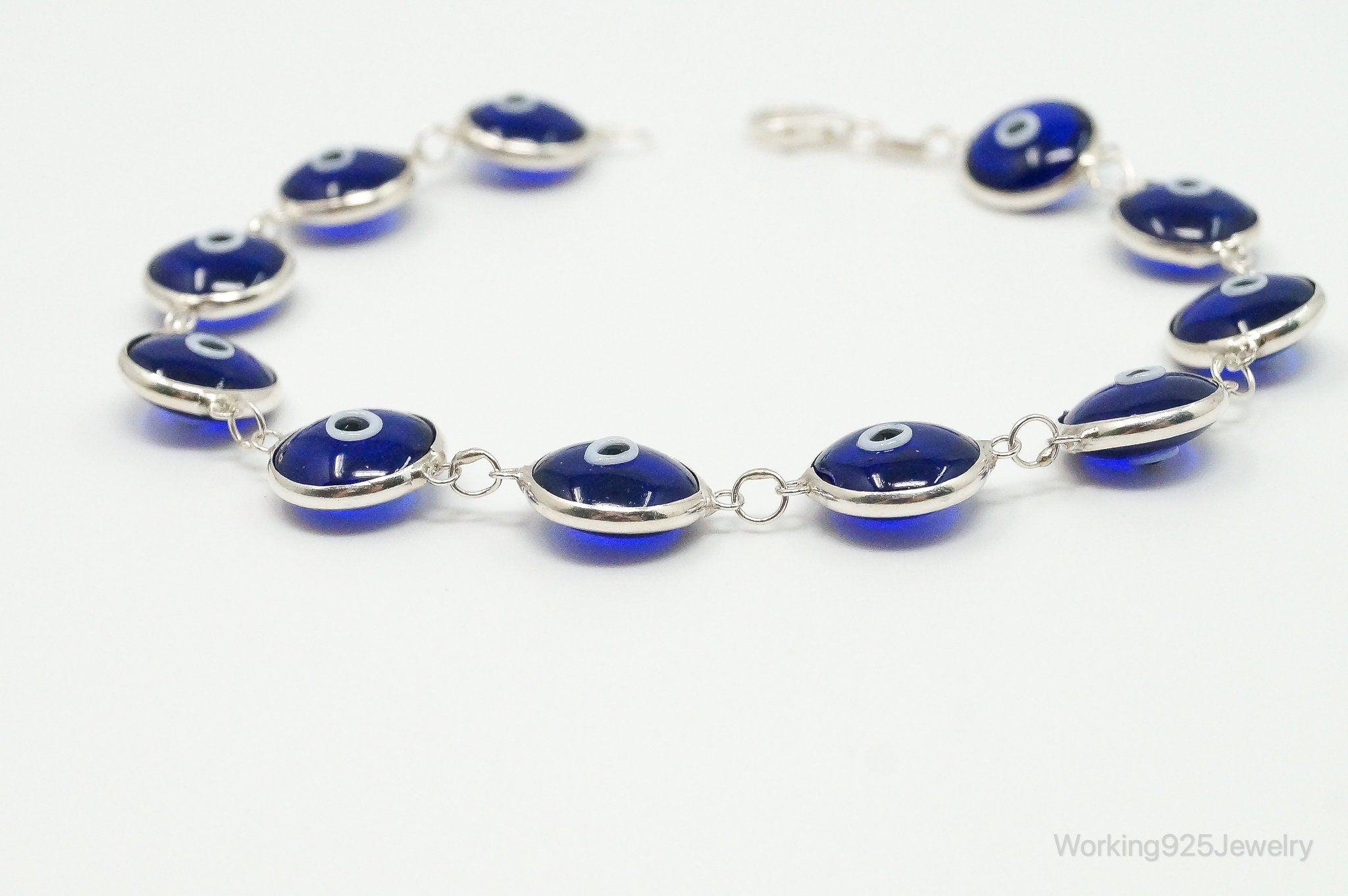 Vintage Blue Glass Eye Sterling Silver Link Bracelet | Jewelry > Bracelets | Wiccan Center