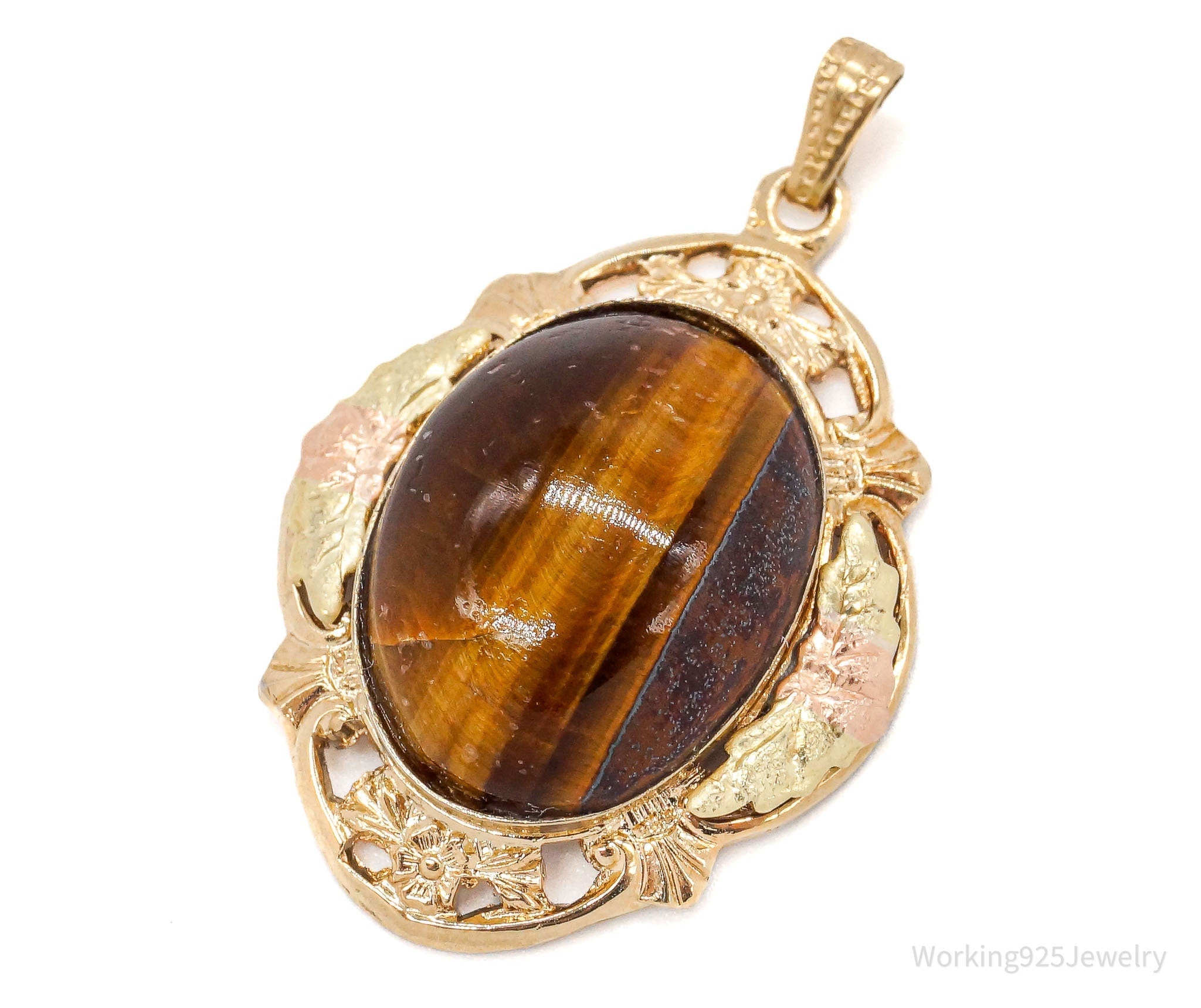 Vintage 1940s Designer LSP Co 12K GF Tigers Eye Sterling Silver Pendant | Jewelry > Necklaces > Pendants | Wiccan Center