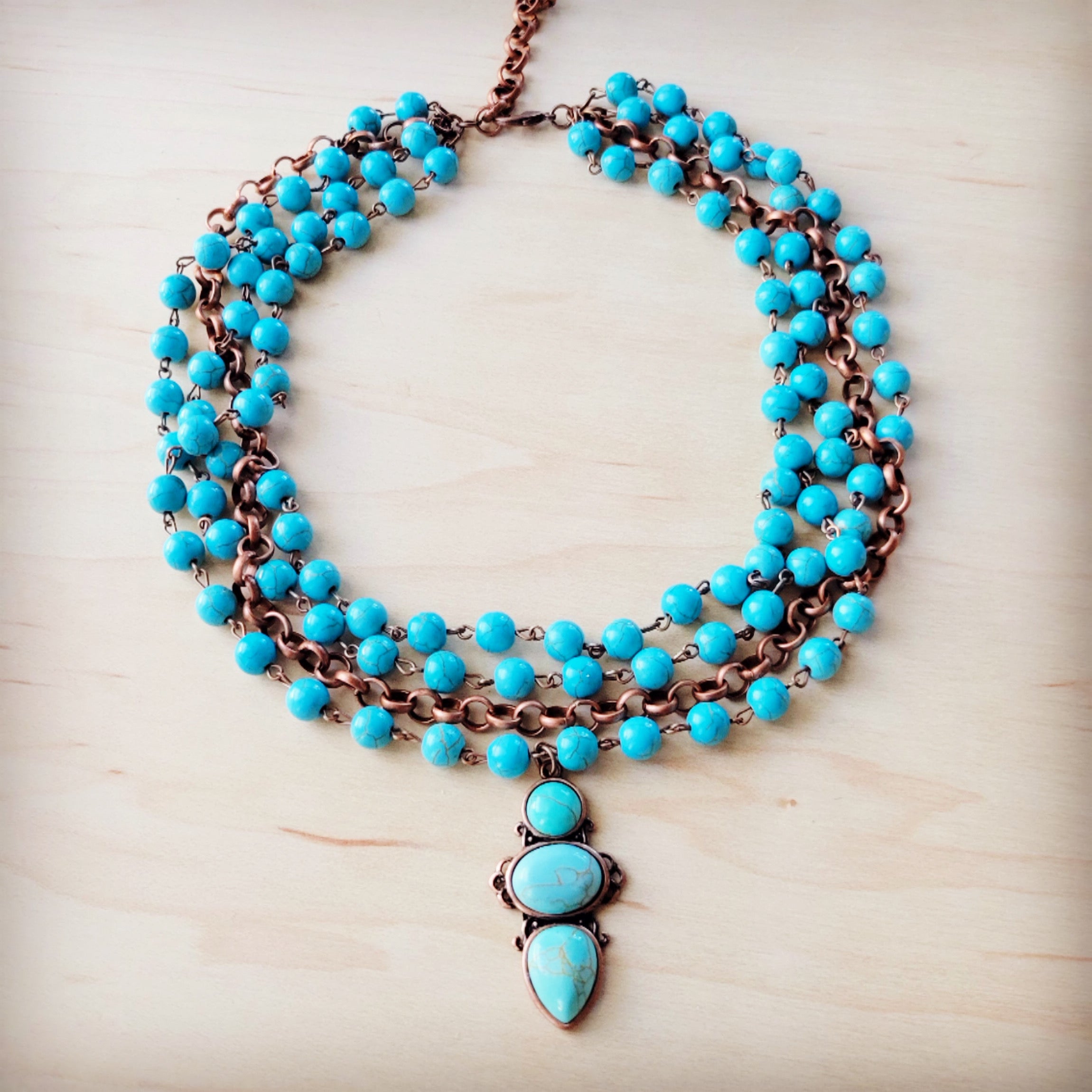 Triple Strand Turquoise & Copper Collar Necklace w/ Droplet Pendant 257lm | Necklace | Wiccan Center