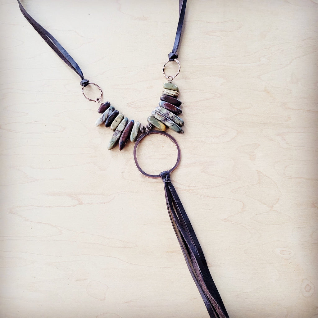 Picasso Jasper Necklace w/ Copper Hoop & Leather Tassel 261e | Necklace | Wiccan Center