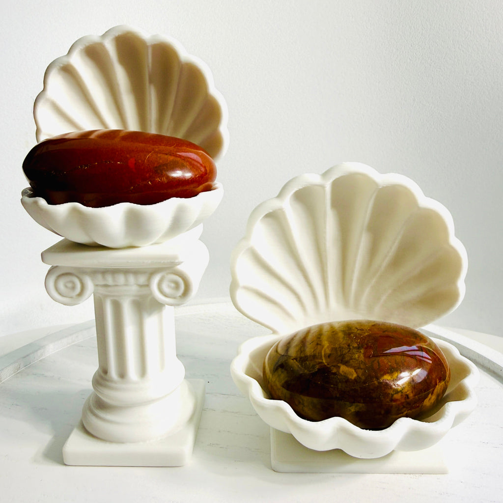 Original Venus Clam Shell Palm Stone Holder Set (2-Piece) – White 3D Printed Coastal Home Décor Display | Optional Palm Stones Included
