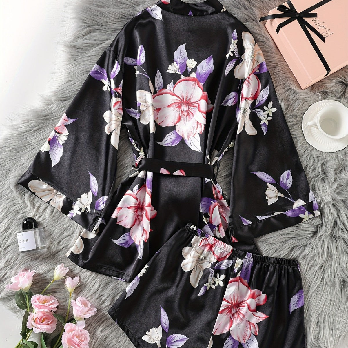 Women's Spring Summer Youth Satin-like Silk Kimono Robe Foreign Trade Floral Open Front Morning Robe Bathrobe