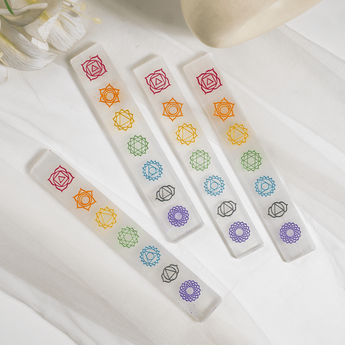 6" Selenite Charging Plate with 7 Chakra Signs, Engraved Chakra Selenite Plate