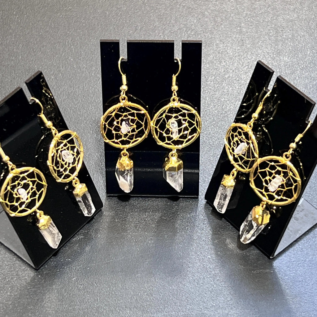 DreamCatcher Earrings Pair (Quartz Crystal)(Gold Plated)(Stainless Steel Hooks) Gemstone Jewelry Supply | Jewelry > Earrings > Dangle & Drop Earrings | Wiccan Center