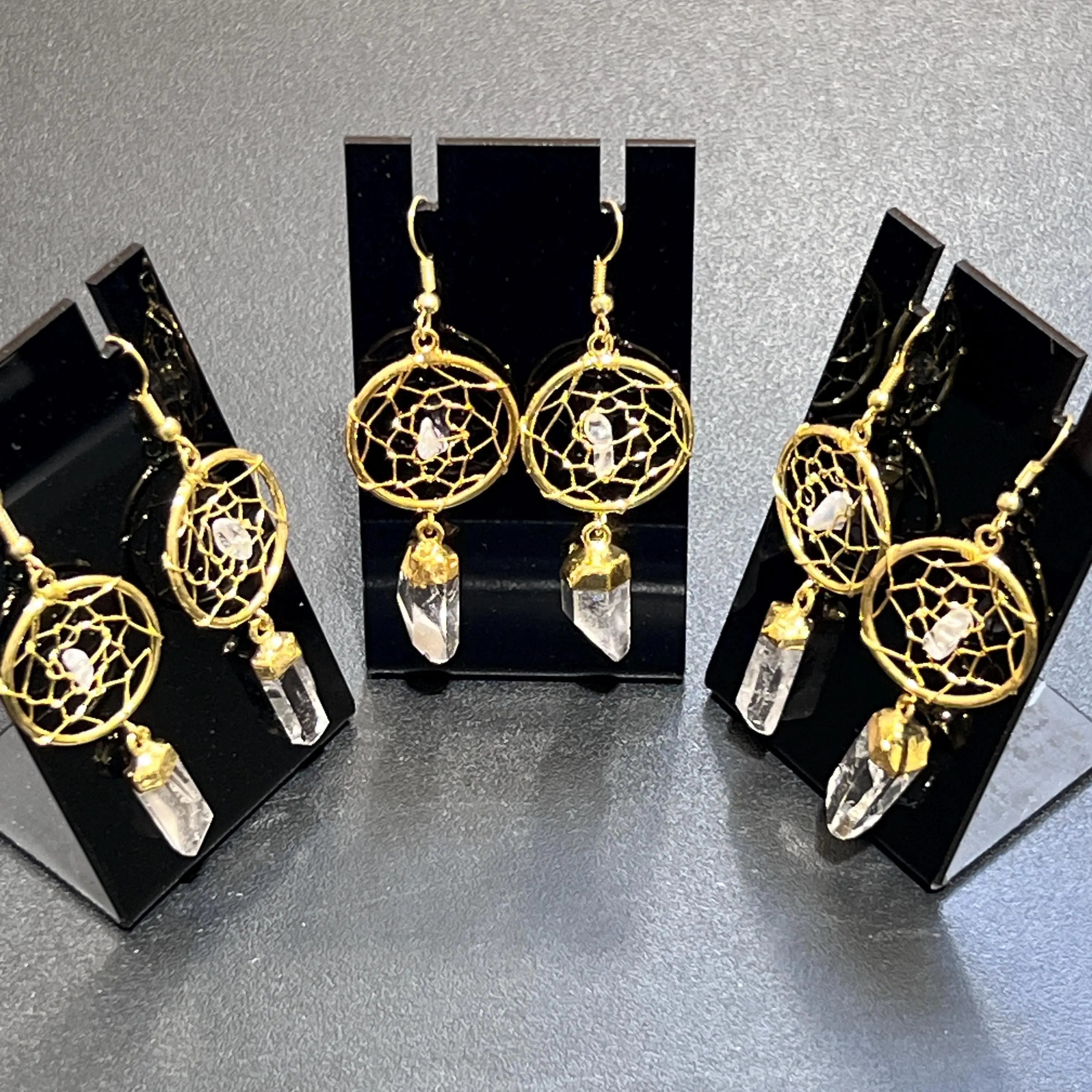 DreamCatcher Earrings Pair (Quartz Crystal)(Gold Plated)(Stainless Steel Hooks) Gemstone Jewelry Supply | Jewelry > Earrings > Dangle & Drop Earrings | Wiccan Center
