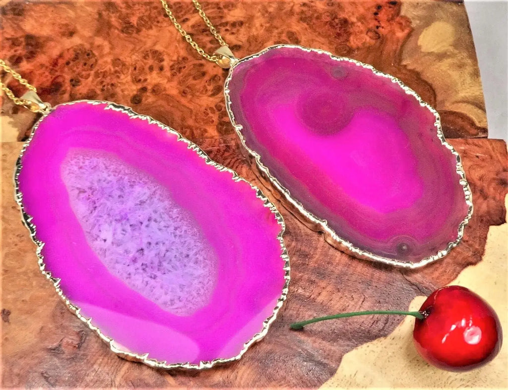 Large Pink Agate Slice Crystal Pendant (Gold Plated) Wholesale | Craft Supplies & Tools > Beads, Gems & Cabochons > Charms & Pendants > Charms | Wiccan Center