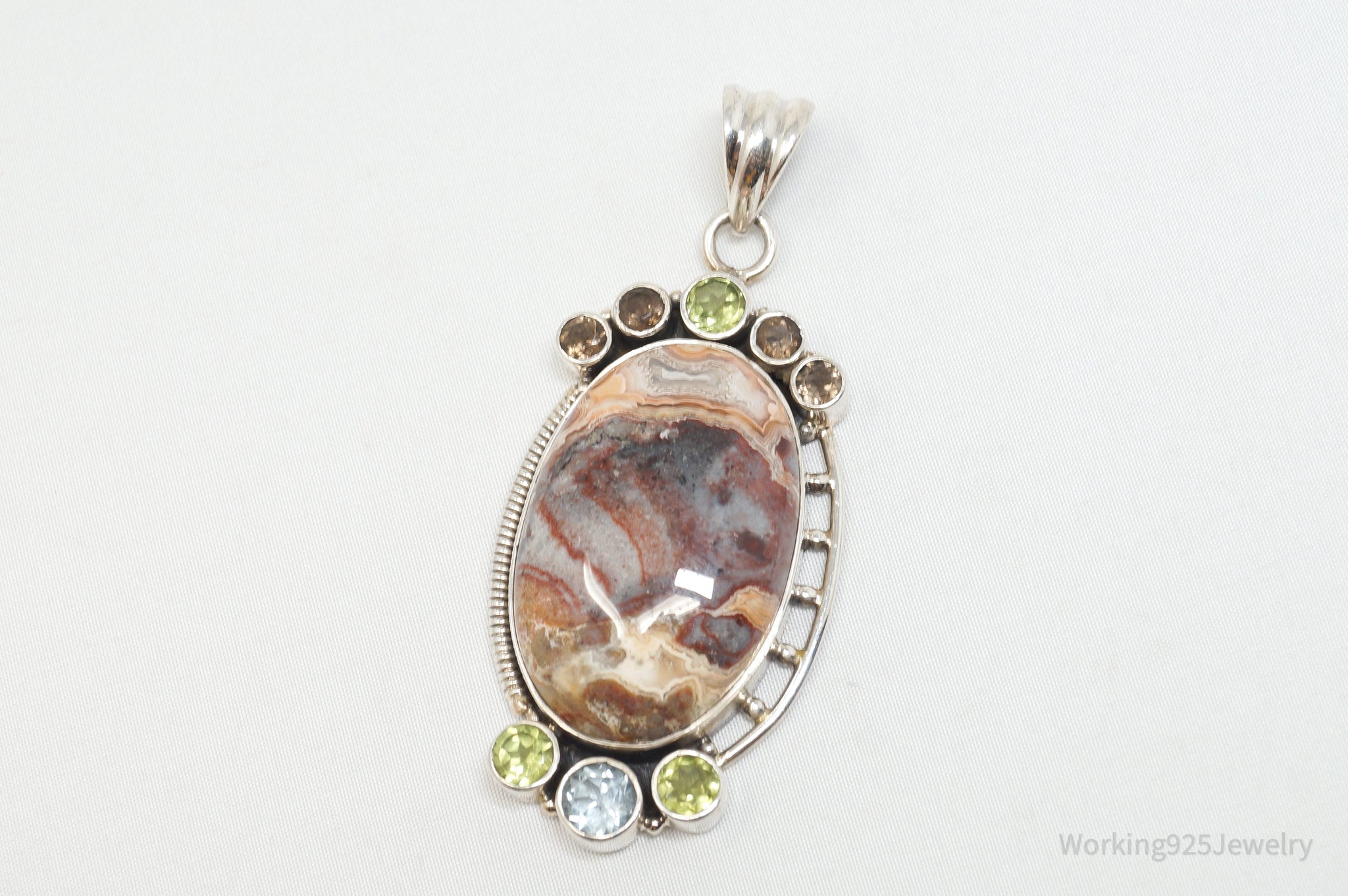 Vintage Large Brown Crazy Lace Agate Peridot Sterling Silver Necklace Pendant | Jewelry > Necklaces > Pendants | Wiccan Center