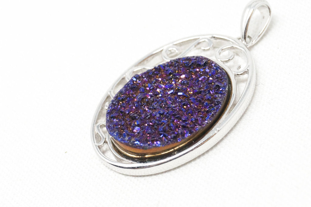 Vintage Designer TGGC Purple Druzy Quartz Art Deco Style Sterling Silver Pendant | Jewelry > Necklaces > Pendants | Wiccan Center