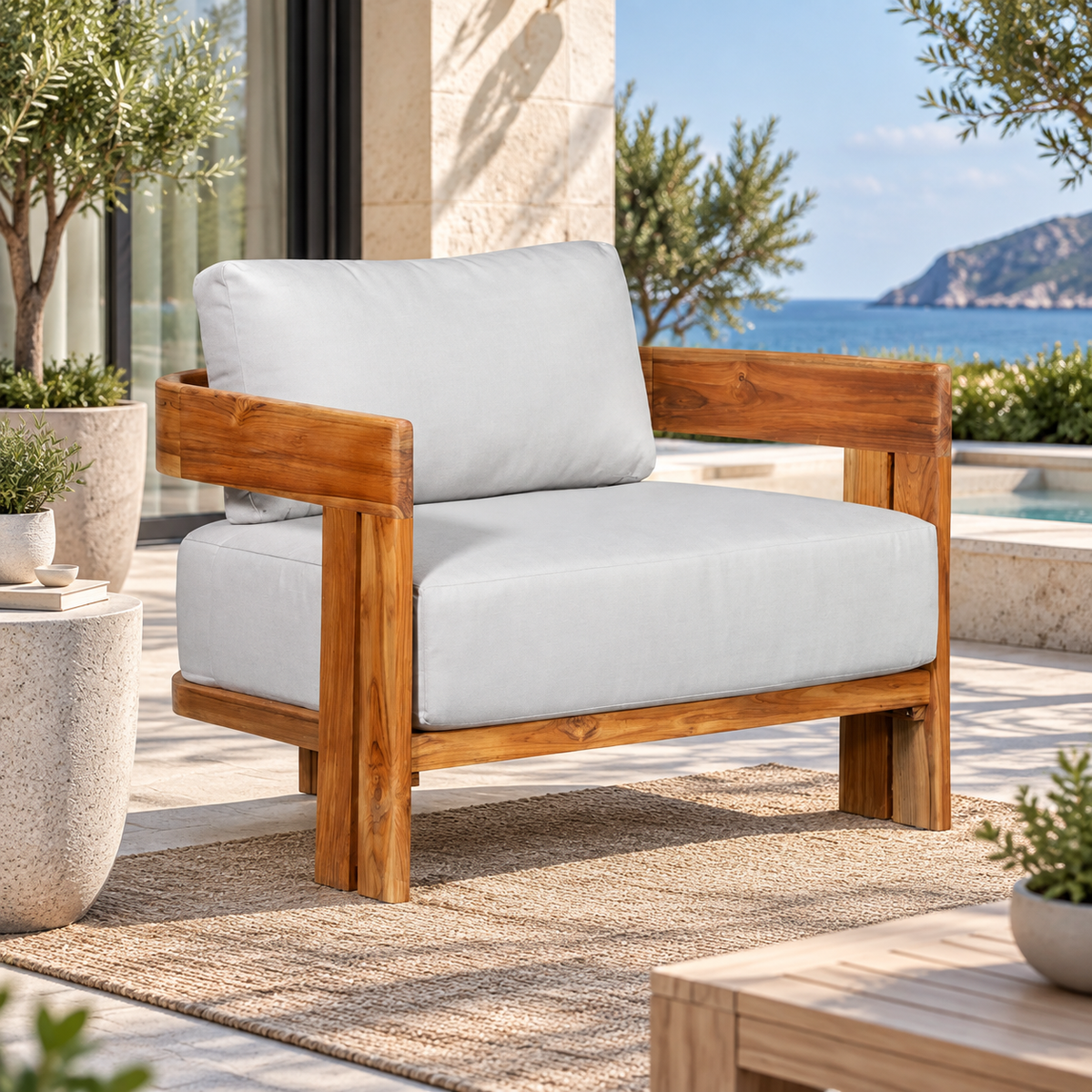 Paradiso Outdoor Solid Teak Wood Chair - Light Grey fabric | Outdoor | Wiccan Center