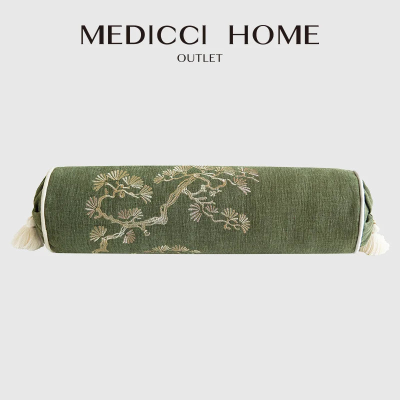 Luxury Bamboo Embroidery Cylindrical Bolster Cover (16×57cm) – Chinoiserie Neck Roll & Daybed Cushion Case | Pillowcases | Wiccan Center