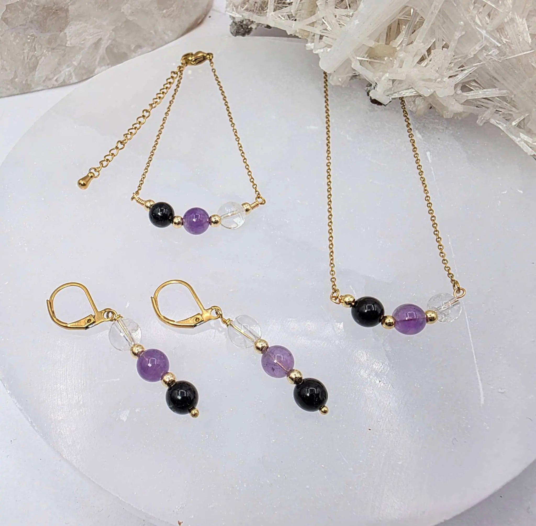 SACRED SPACE -Clear Quartz, Amethyst, Black Onyx Jewelry Set | Jewelry Set | Wiccan Center