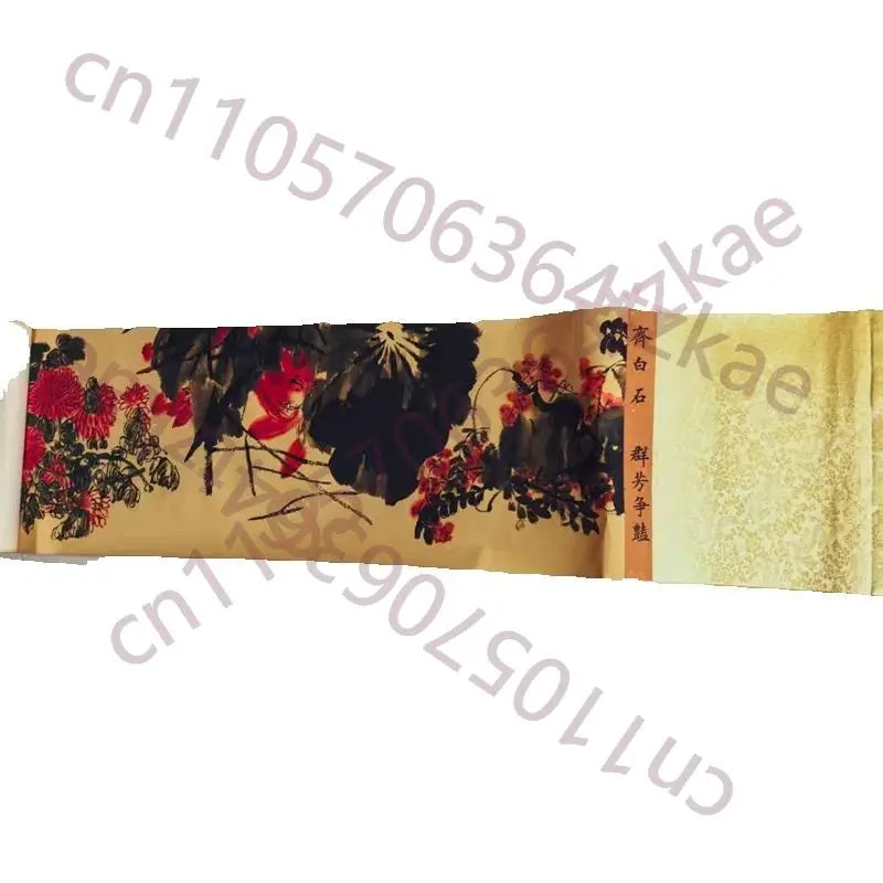China Old long Scroll Painting,Qi Baishi's watercolor painting "Colorful Painting of the Competition of Flowers"