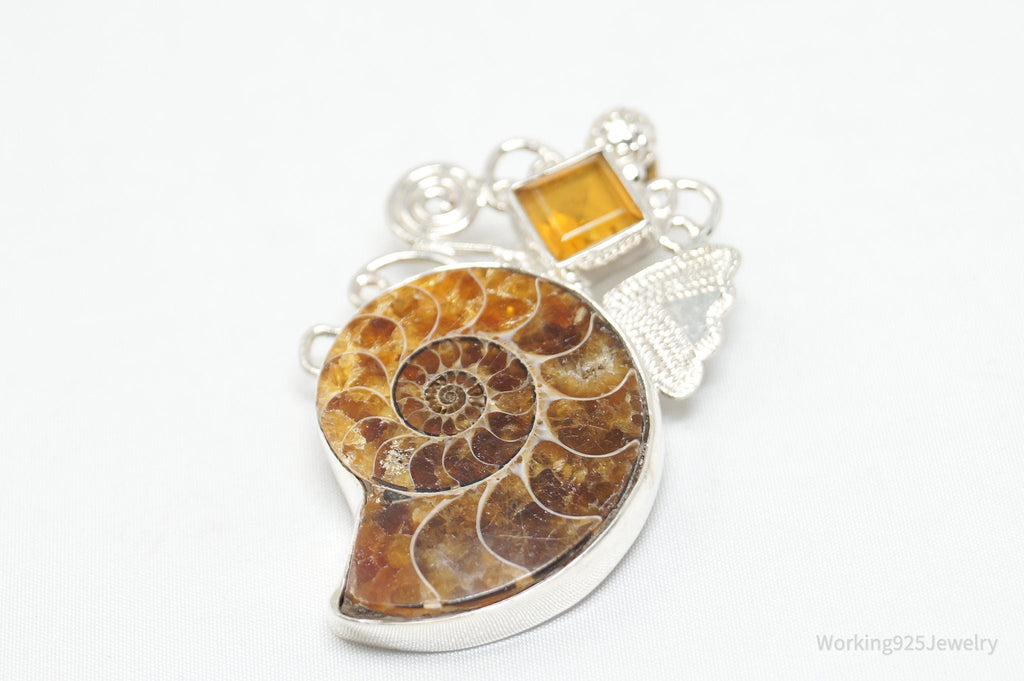 Vintage Large Ammonite Fossil Shell Citrine Sterling Silver Necklace Pendant | Jewelry > Necklaces > Pendants | Wiccan Center