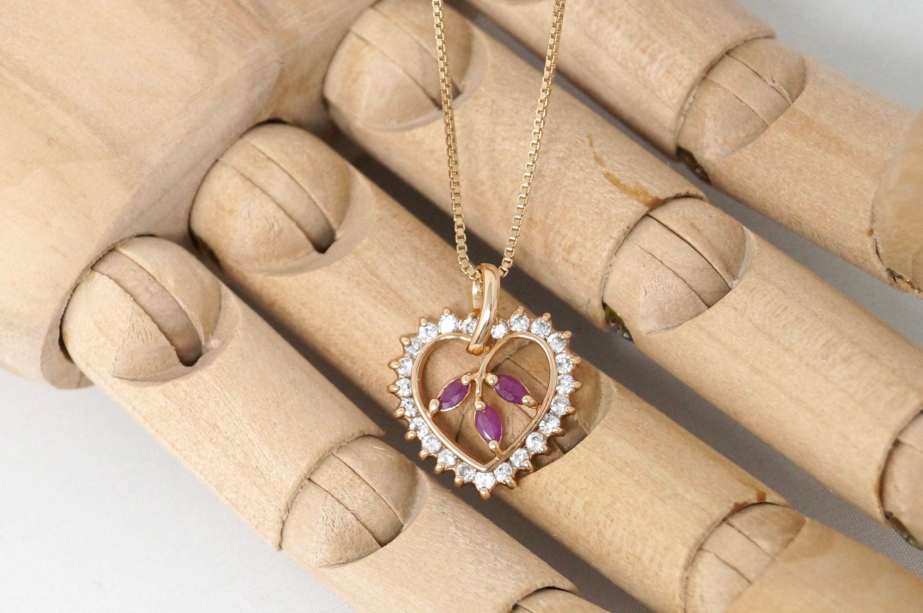 Vtg Ruby Simulated Heart Accented Rose Gold Vermeil Sterling Silver Necklace 18" | Jewelry > Necklaces > Pendants | Wiccan Center