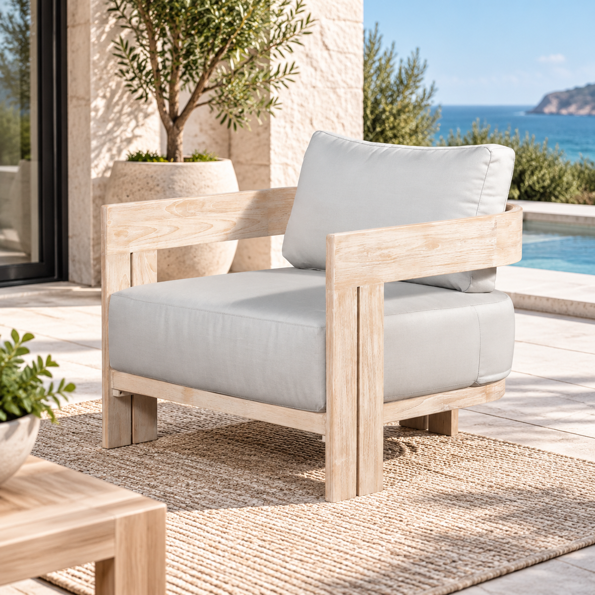 Paradiso Outdoor Solid Teak Wood Chair Natural look - Light Grey fabric | Outdoor | Wiccan Center