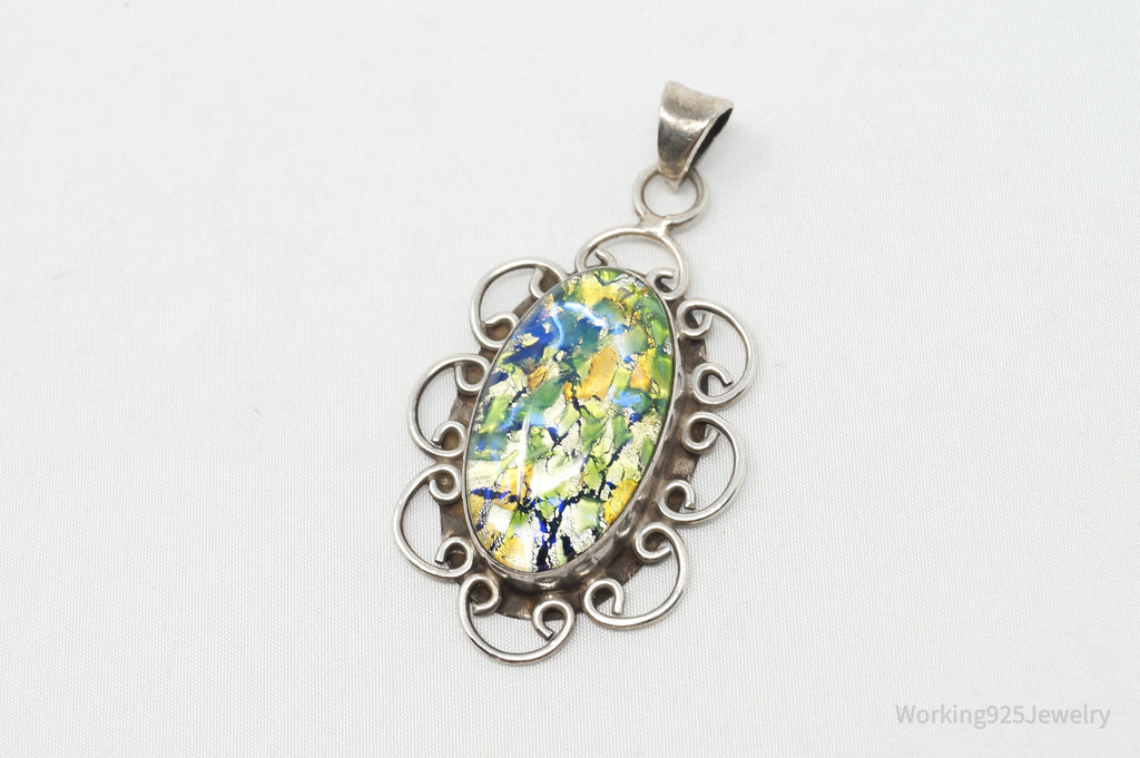 Vintage Large Mexico Dichroic Glass Flower Sterling Silver Necklace Pendant | Jewelry > Necklaces > Pendants | Wiccan Center