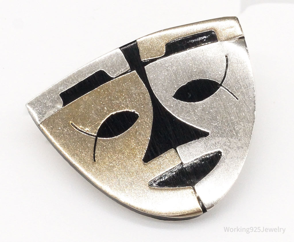 Large Vintage Mexico Warrior Tribal Mask Sterling Silver Two Tone Brooch Pin | Jewelry > Brooches, Pins & Clips | Wiccan Center