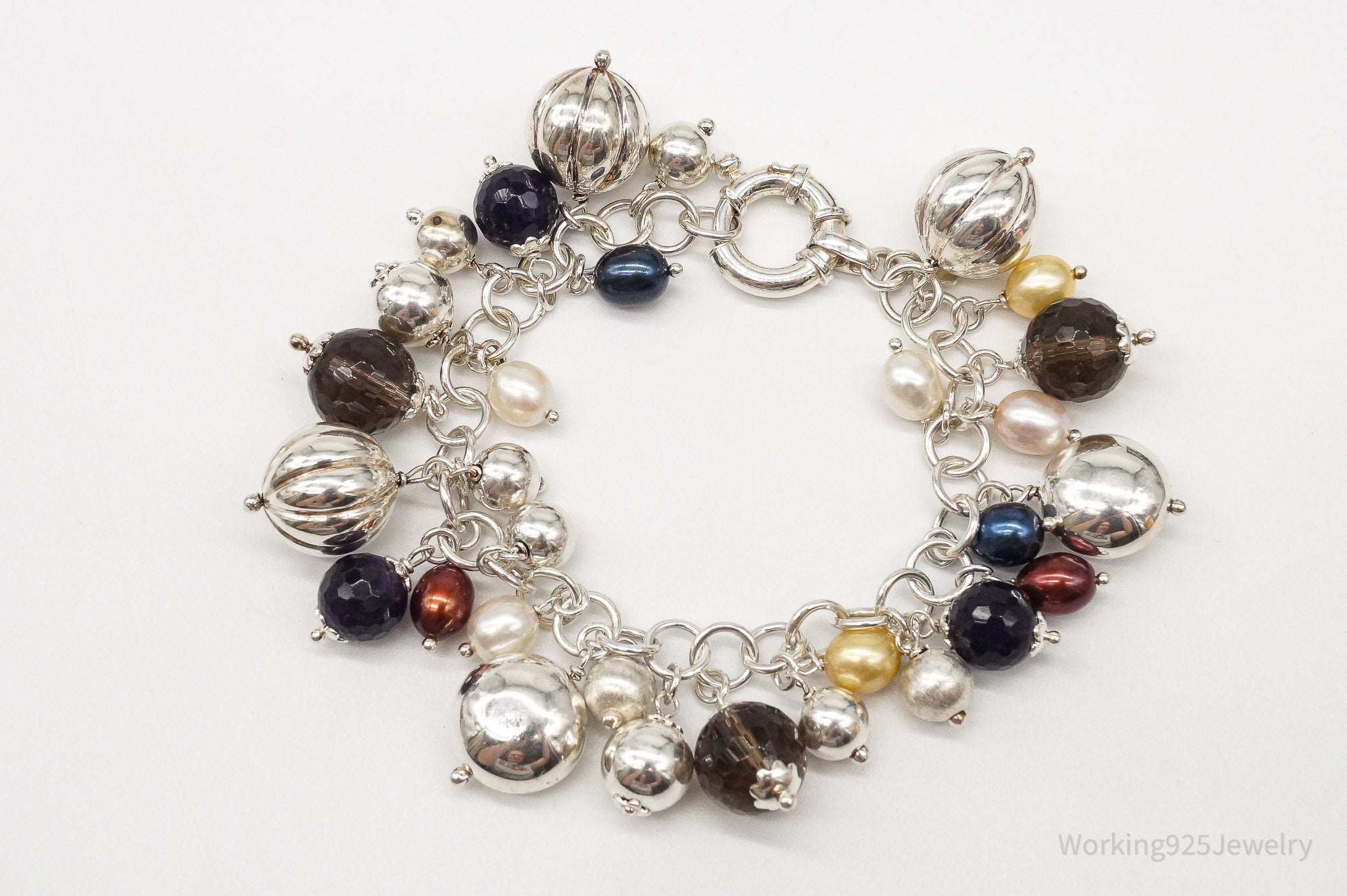 Vintage Italian Pearl Smoky Topaz Amethyst Sterling Silver Charm Bracelet | Jewelry > Bracelets | Wiccan Center