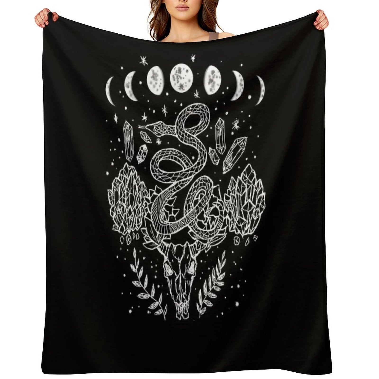 Moon Phases, Snakes, And Crystals Witchy Design Lightweight Throw Blanket | Blankets | Wiccan Center