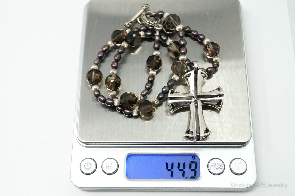 Designer Large Cross Smoky Topaz Pearl Sterling Silver Necklace | Jewelry > Necklaces > Pendants | Wiccan Center