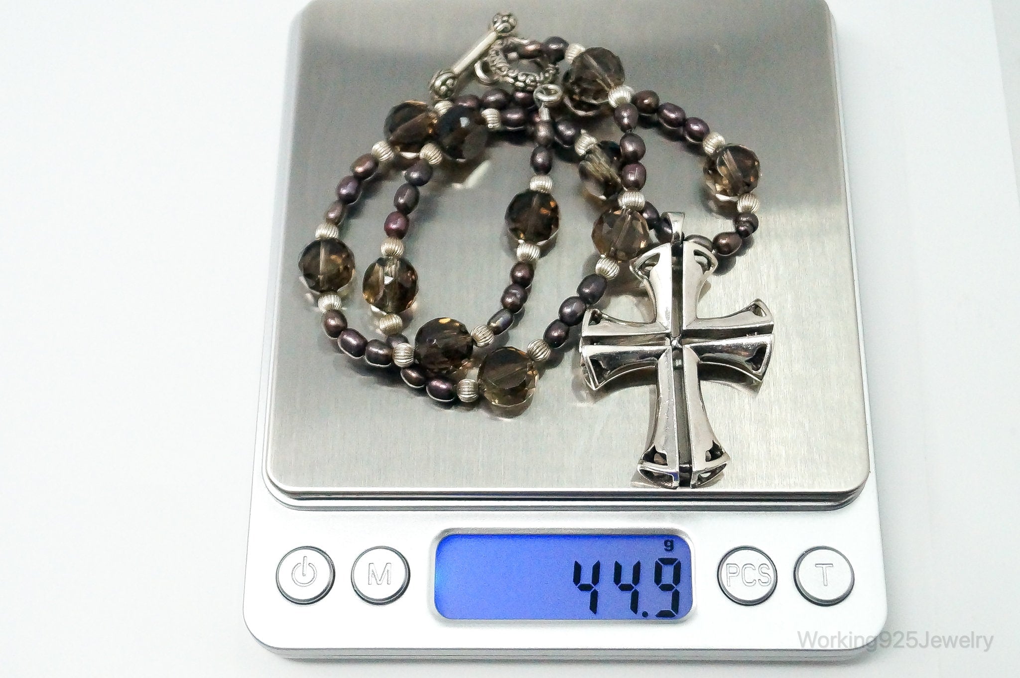 Designer Large Cross Smoky Topaz Pearl Sterling Silver Necklace | Jewelry > Necklaces > Pendants | Wiccan Center