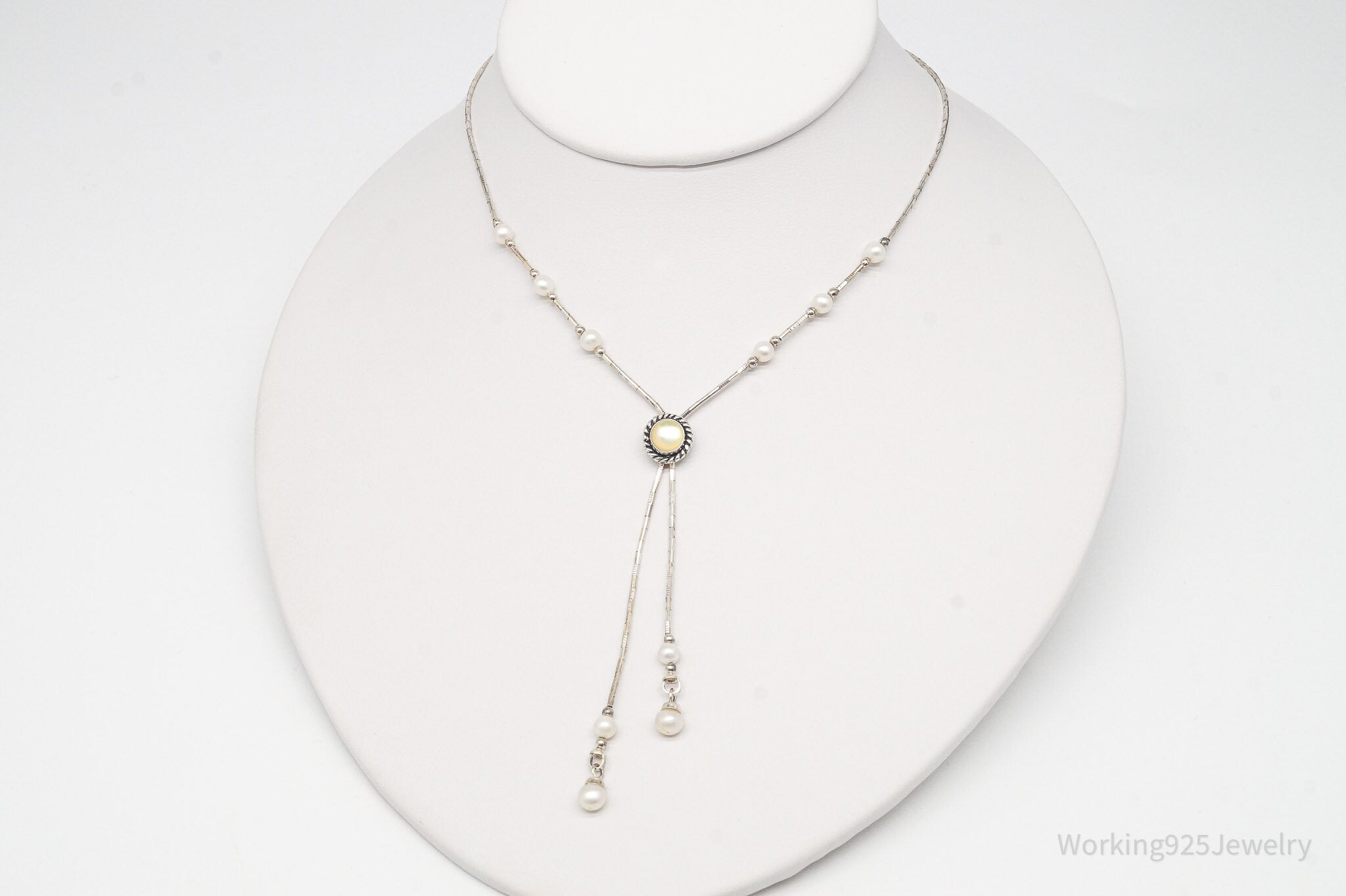 Vintage QT Inc Mother Of Pearl & Pearl Sterling Silver Chain Necklace 16" | Jewelry > Necklaces | Wiccan Center