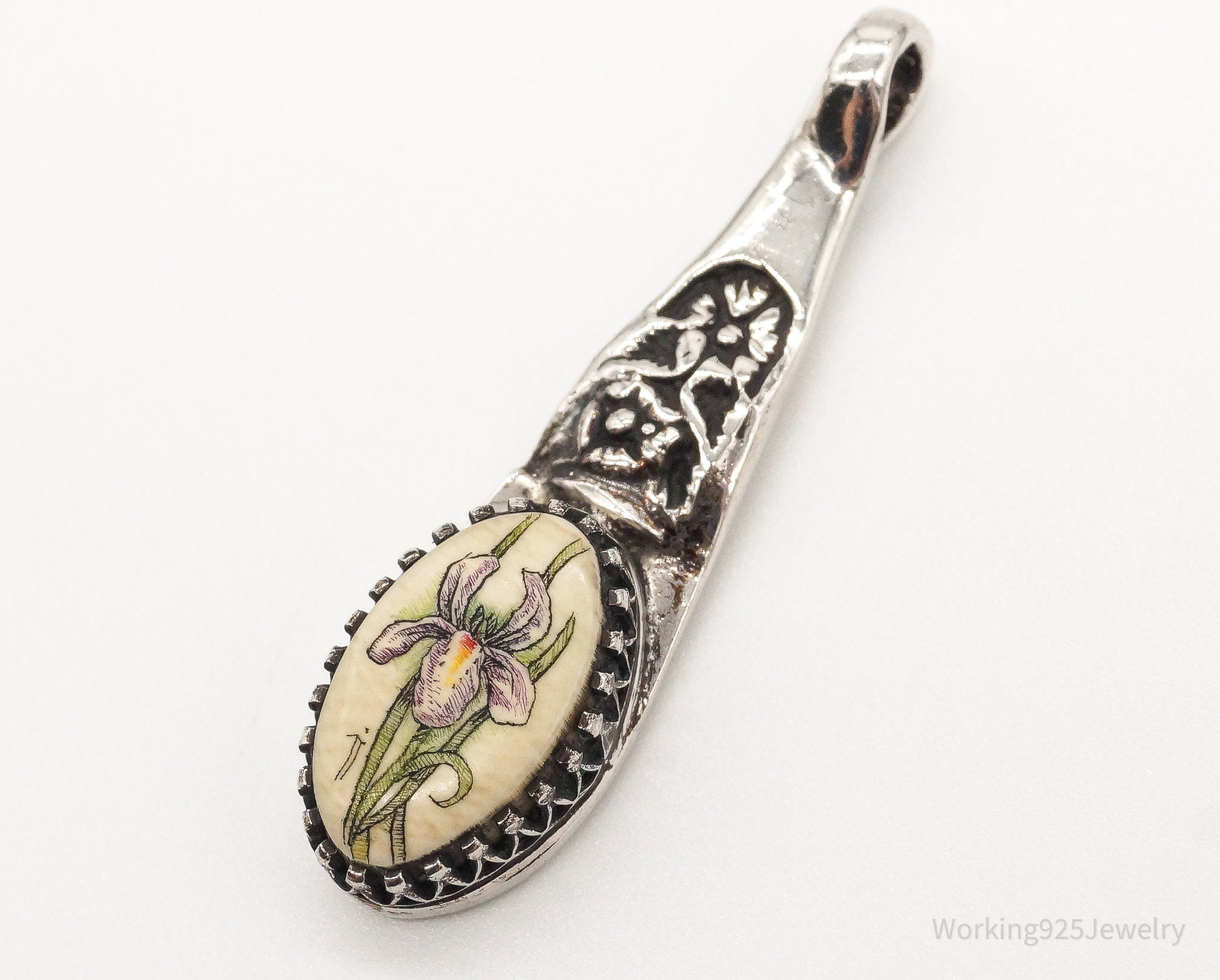 Antique Hand Painted Flower Faux Bone Sterling Silver Pendant | Jewelry > Necklaces > Pendants | Wiccan Center