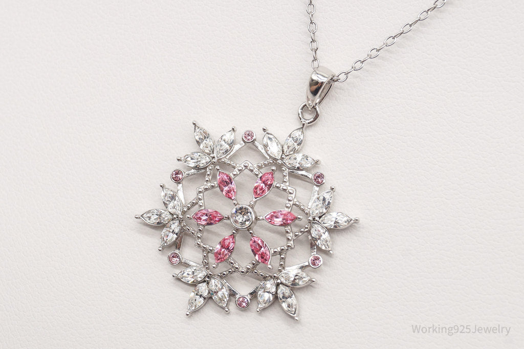 Vintage Designer RL Pink & White Crystal Snowflake Sterling Silver Necklace | Jewelry > Necklaces > Pendants | Wiccan Center