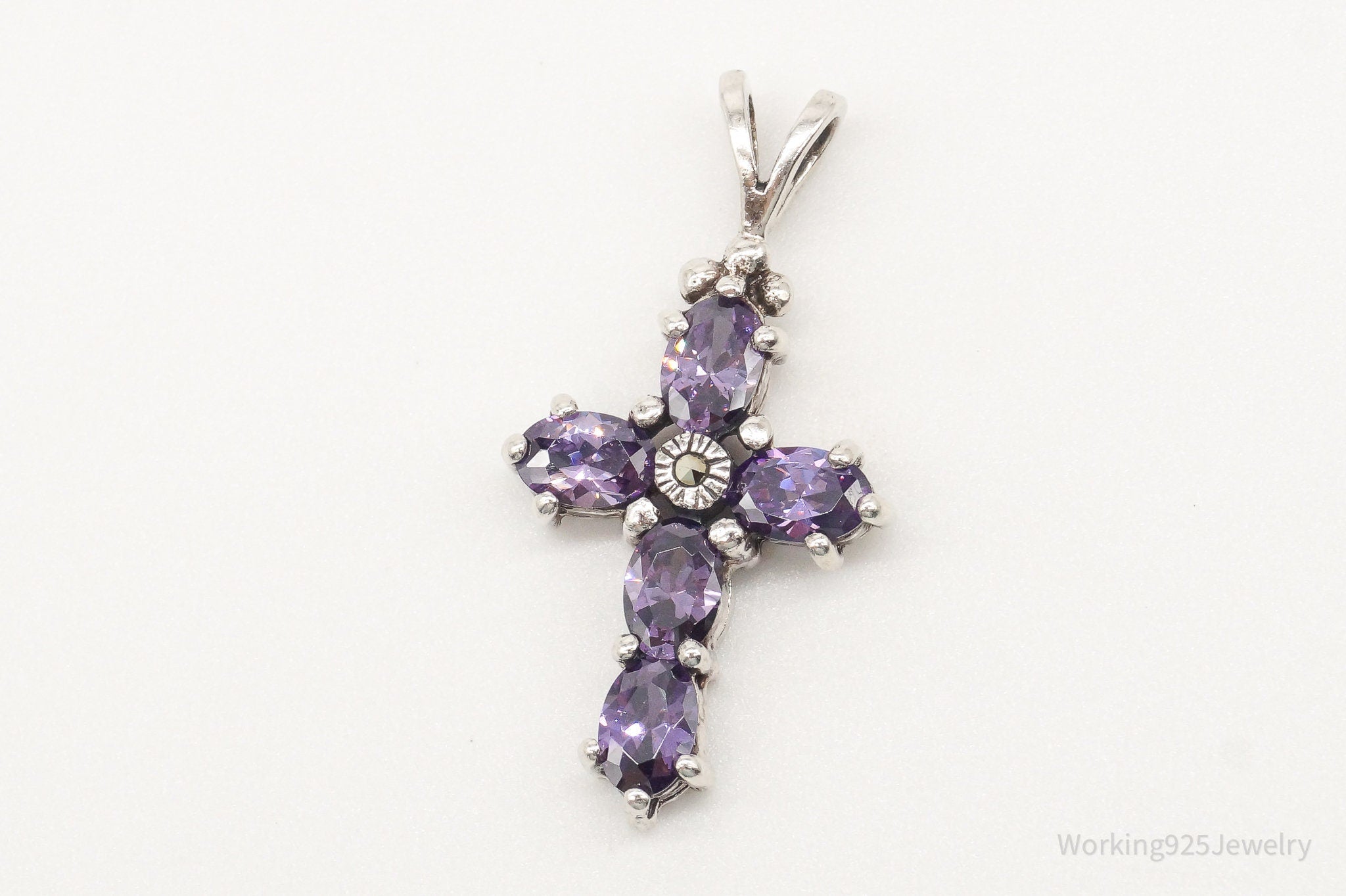 Vintage Purple Cubic Zirconia Marcasite Cross Sterling Silver Pendant | Jewelry > Necklaces > Pendants | Wiccan Center