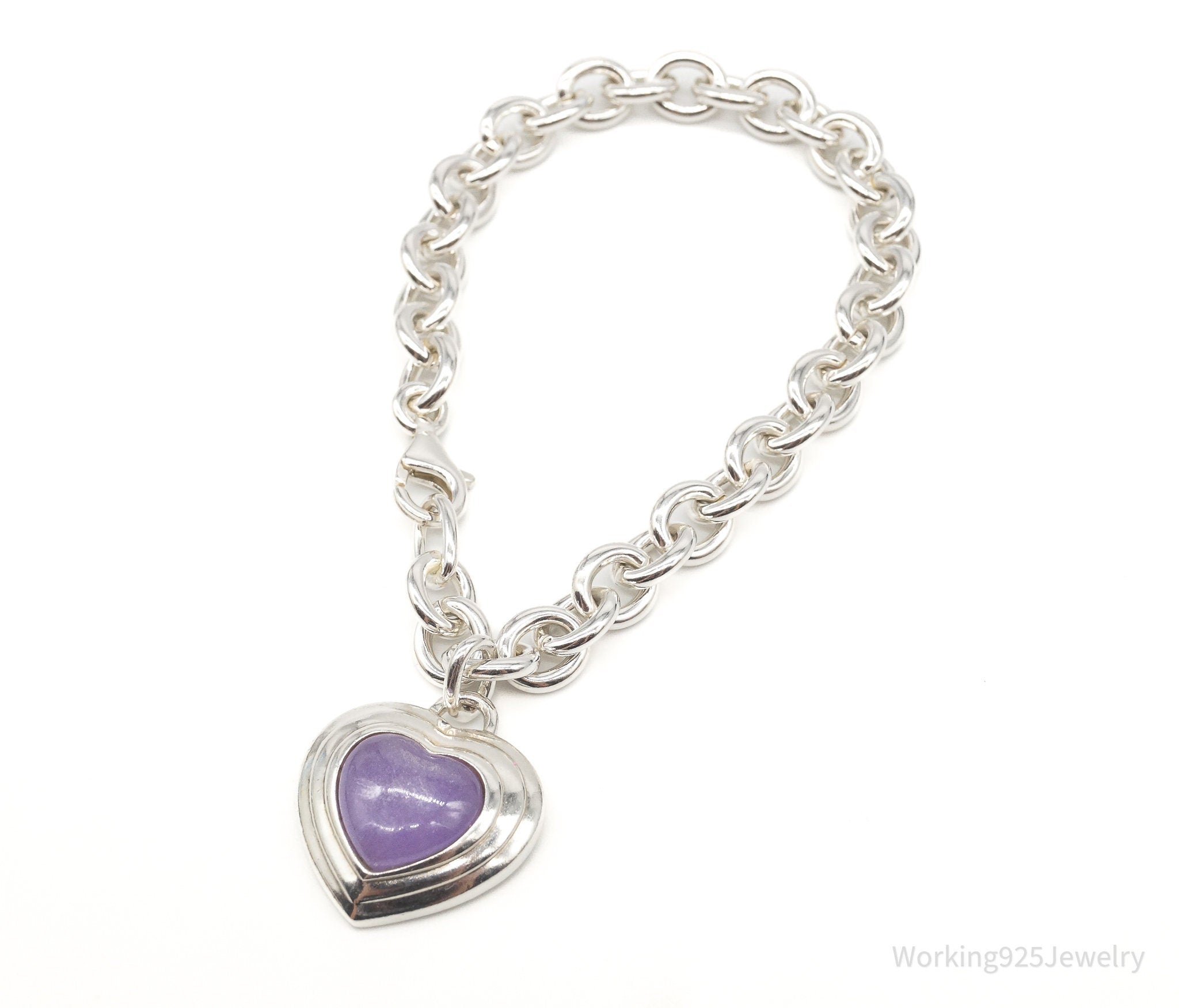 Vintage Designer CNA Lavender Jade Heart Chain Link Sterling Silver Bracelet | Jewelry > Bracelets | Wiccan Center