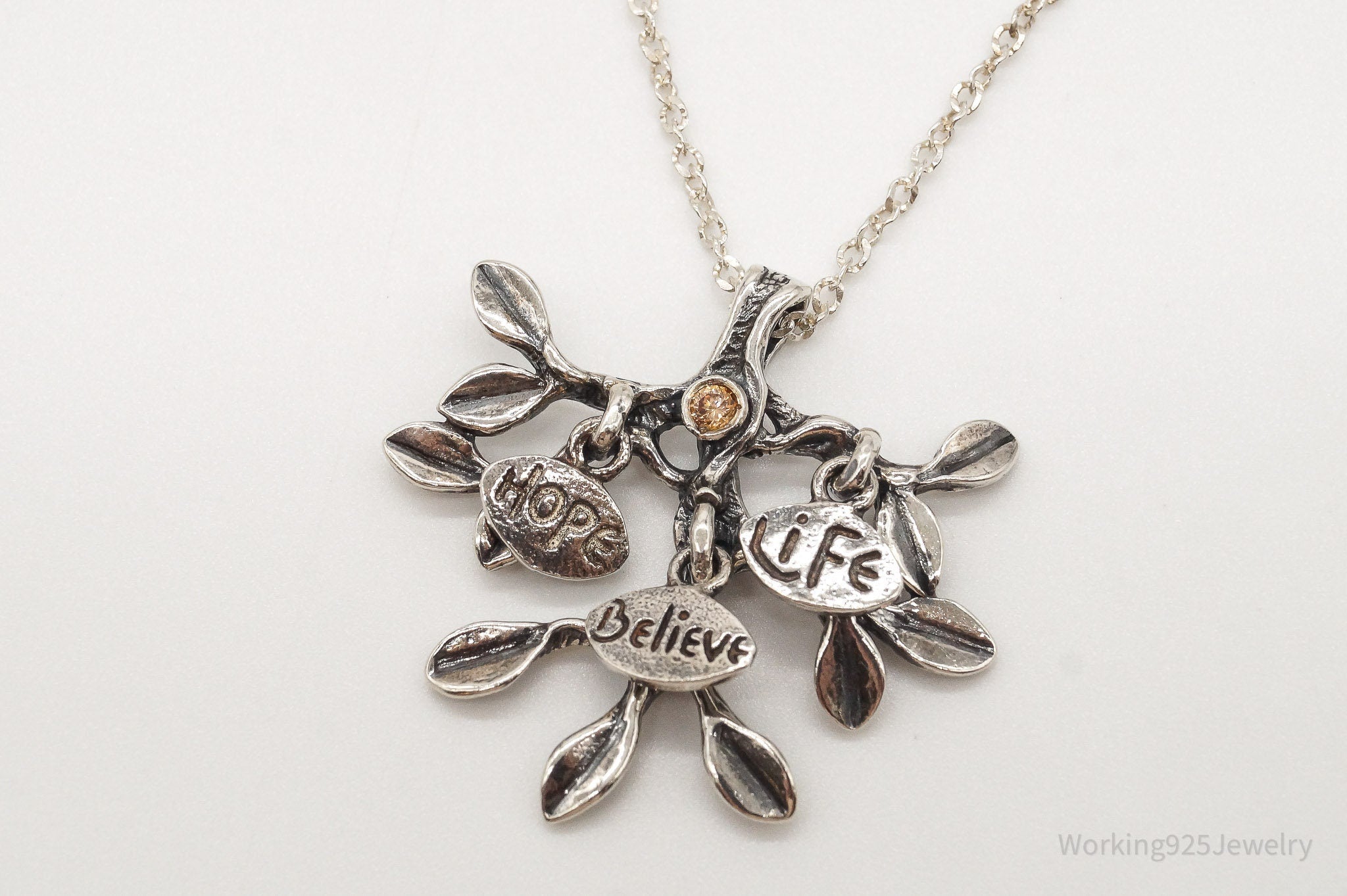 Vintage Shablool Didae Orange CZ Hope Believe Life Tree Sterling Silver Necklace | Jewelry > Necklaces > Pendants | Wiccan Center
