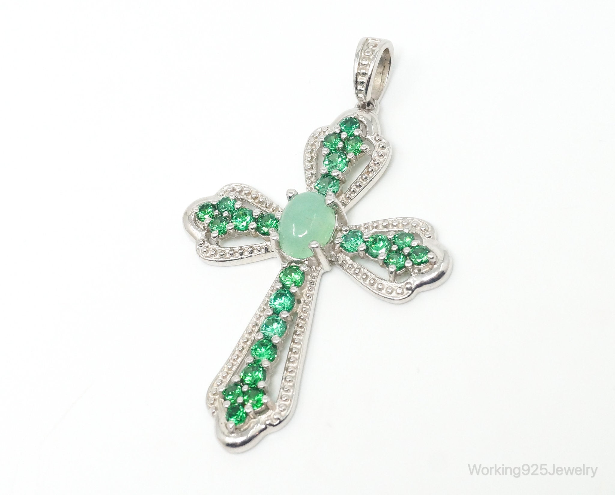 Vintage Green Chalcedony Green Cubic Zirconia Cross Sterling Silver Pendant | Jewelry > Necklaces > Pendants | Wiccan Center