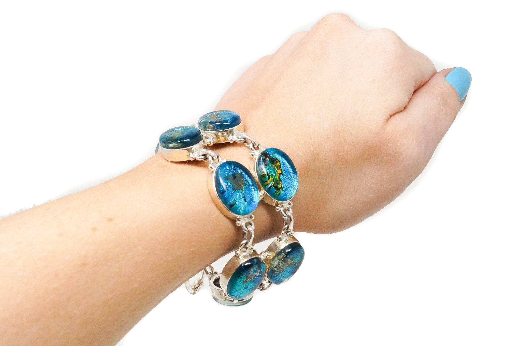 Vintage Large Blue Green Glass Stone Modernist Sterling Silver Cuff Bracelet | Jewelry > Bracelets | Wiccan Center