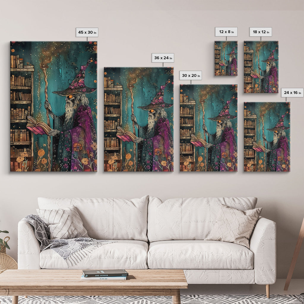 Halloween Eerie Wizard in Haunted Library Framed Canvas Print, Gothic Wall Art, Home Decor, Witchcraft Decor, Gift Idea, Enchanted Study | | Wiccan Center