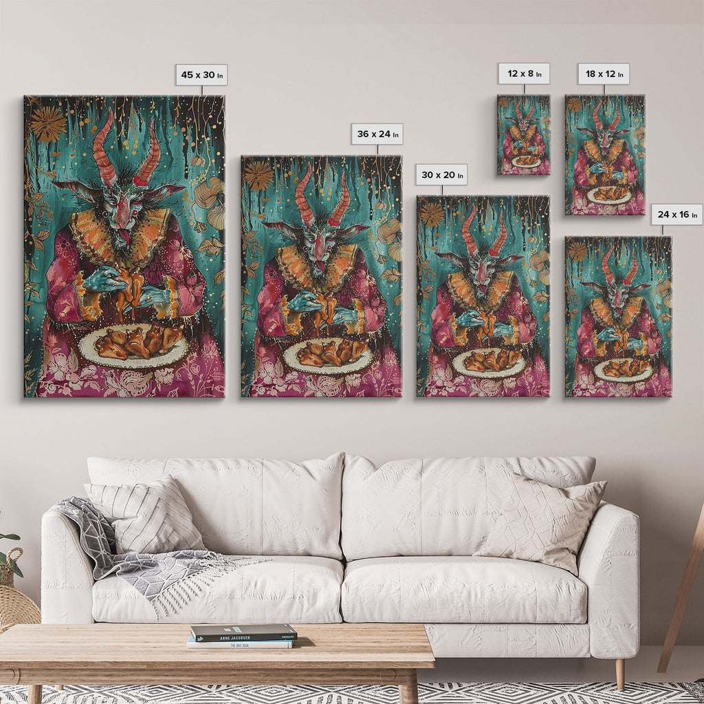 A demon eating some hot wings - hope he didn't sell his soul for them they look pretty good! Halloween Wall Art Framed Canvas | | Wiccan Center