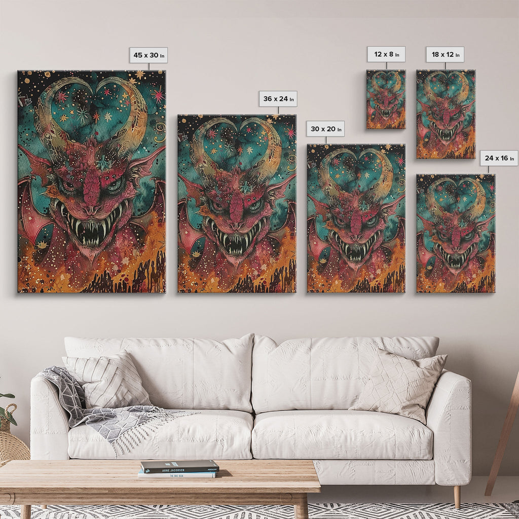 Fantastical Demon with Stars Framed Canvas Print | Halloween Monster Art | Spooky Starry Art | Scary Demon Art for Home Decoration | | Wiccan Center