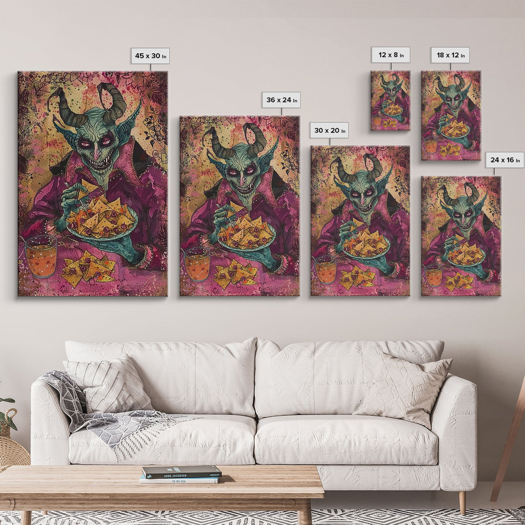 Spooky Demon Eating Chips Framed Canvas Print, Halloween Art, Unique Wall Art, Creepy Home Decor, Scary Art, Spooky Living Room Decor | | Wiccan Center