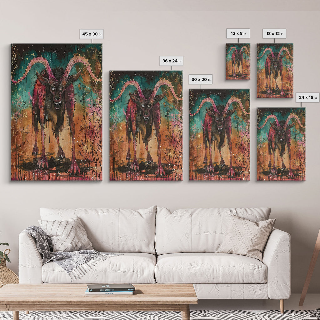 Spooky Goat Demon in the Woods Framed Canvas Print, Halloween Art, Creepy Wall Art Spooky Home Decor, Scary Art Mysterious Living Room Decor | | Wiccan Center