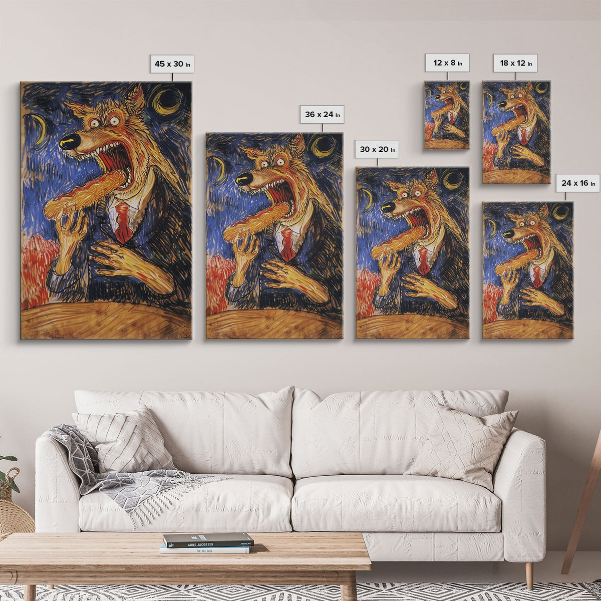 Business Werewolf Eating a Hot Dog, Framed Canvas print, Funny Halloween Art, Spooky Season, The Scream Inspired Funny Art