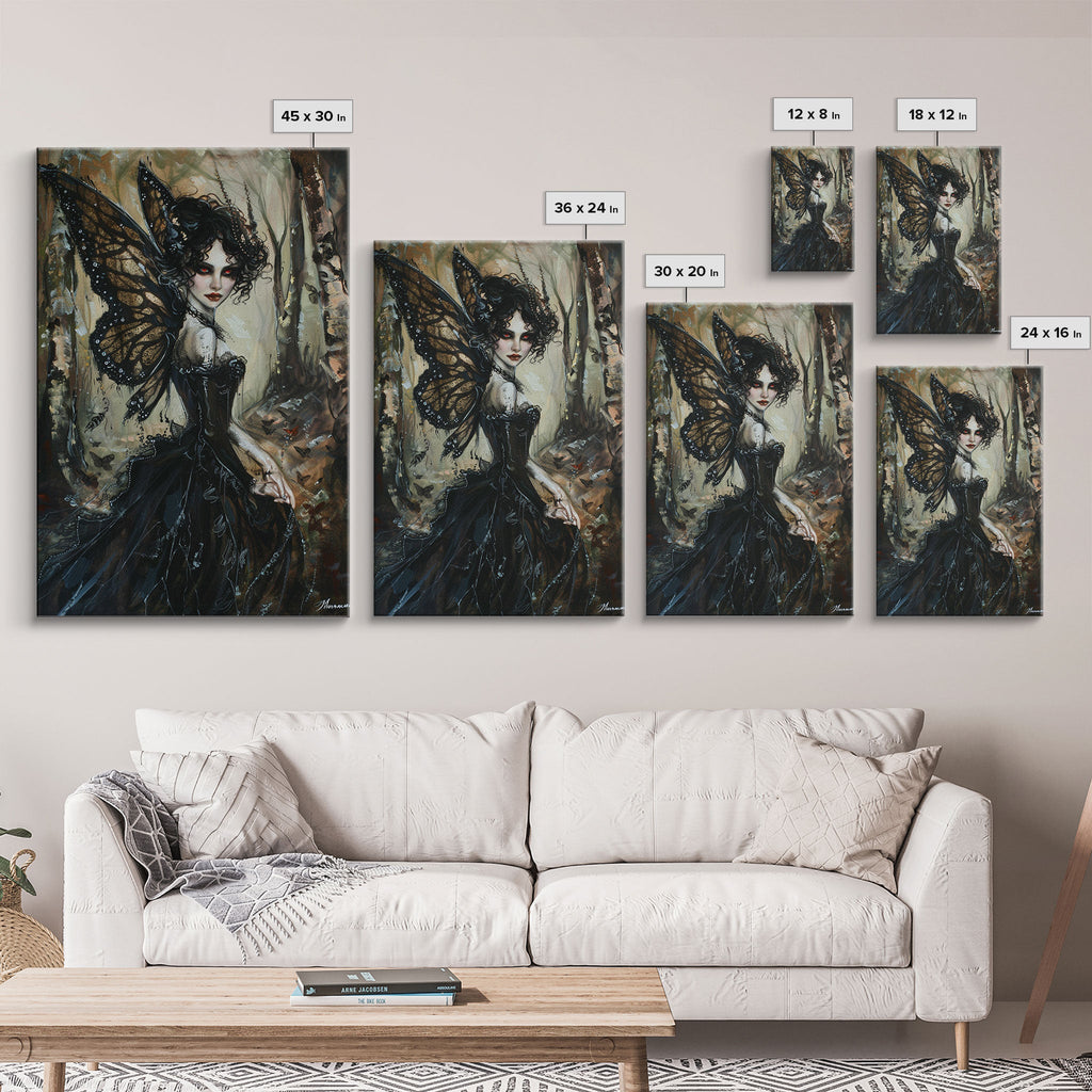 Dark Gothic Fairy with Butterfly Wings| Halloween Wall Art | Spooky Home Decor | Creepy Gothic Fairy Painting | Framed Canvas Print | | Wiccan Center