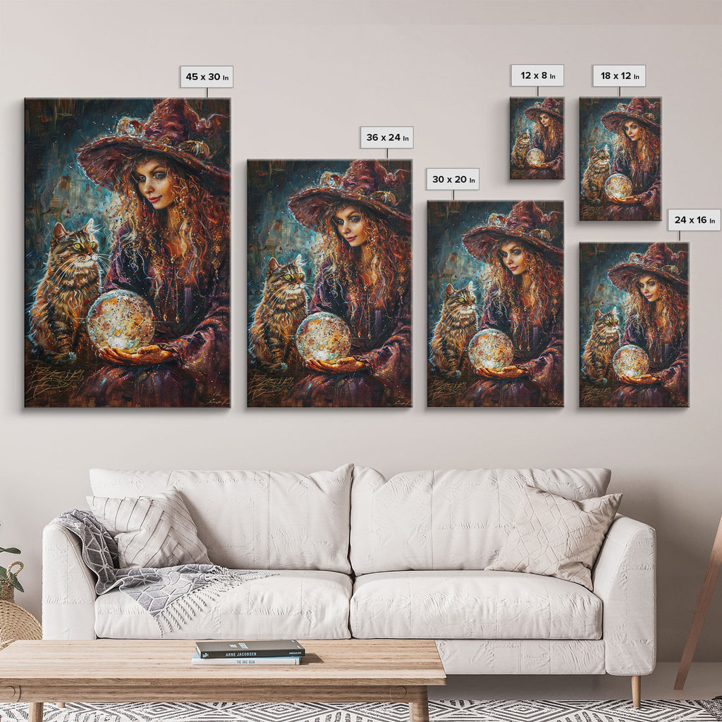 Enchanting Witch with Crystal Ball, Framed Canvas Print, Mystical Halloween Art, Spooky Witch Decor, Witchcraft Illustration, Magical Decor | | Wiccan Center