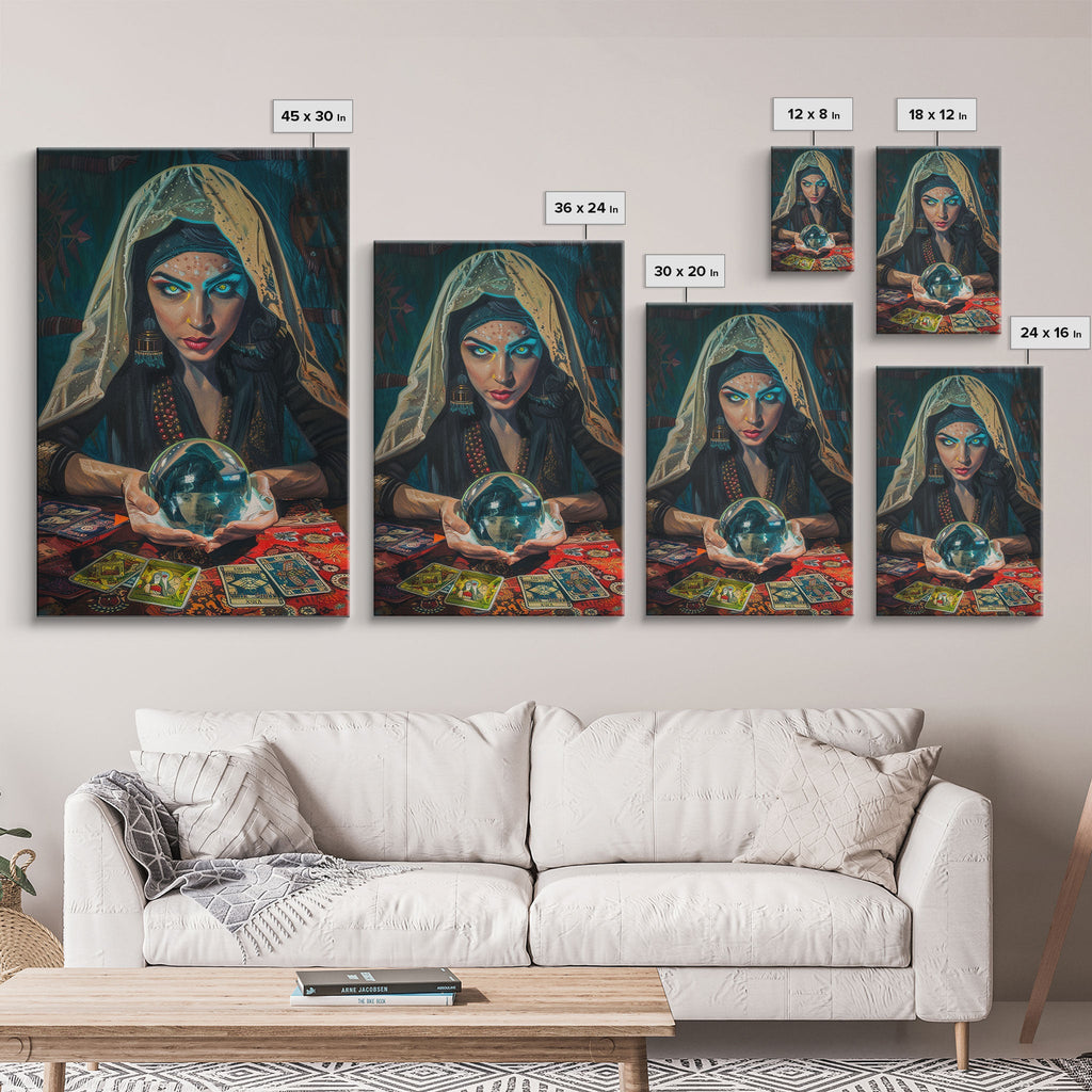 Enchanting Fortune Teller with Crystal Ball Under Moonlight - Mystical Witchcraft Framed Canvas Print, Halloween Gothic Home Decor | | Wiccan Center