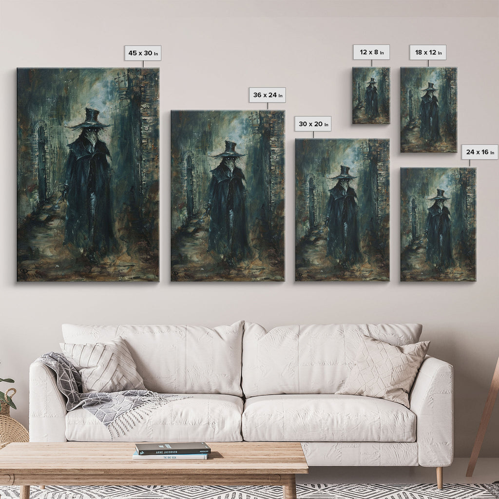 Ghostly Figure in Victorian Attire - Eerie Night Stalker Gothic Art Framed Canvas Print, Halloween Haunted House Decor