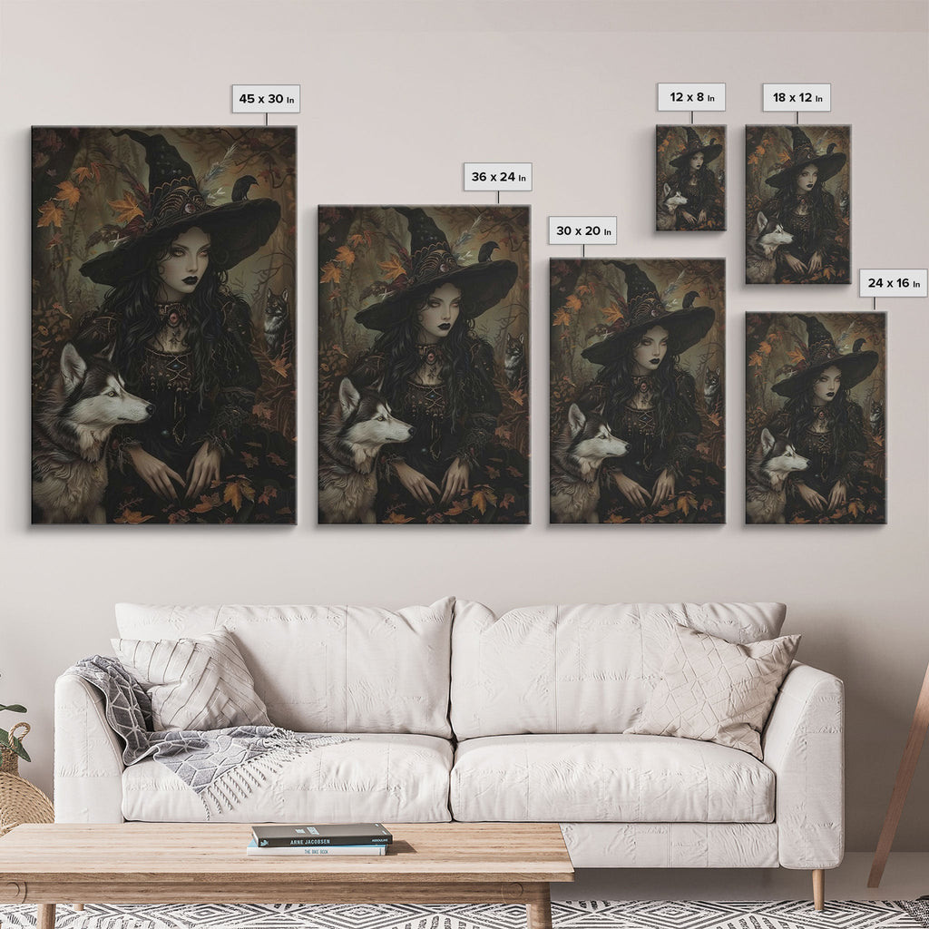 Witch with Wolves in Enchanted Forest - Dark Sorcery Mystical Art Framed Canvas Print, Halloween Gothic Decor | | Wiccan Center