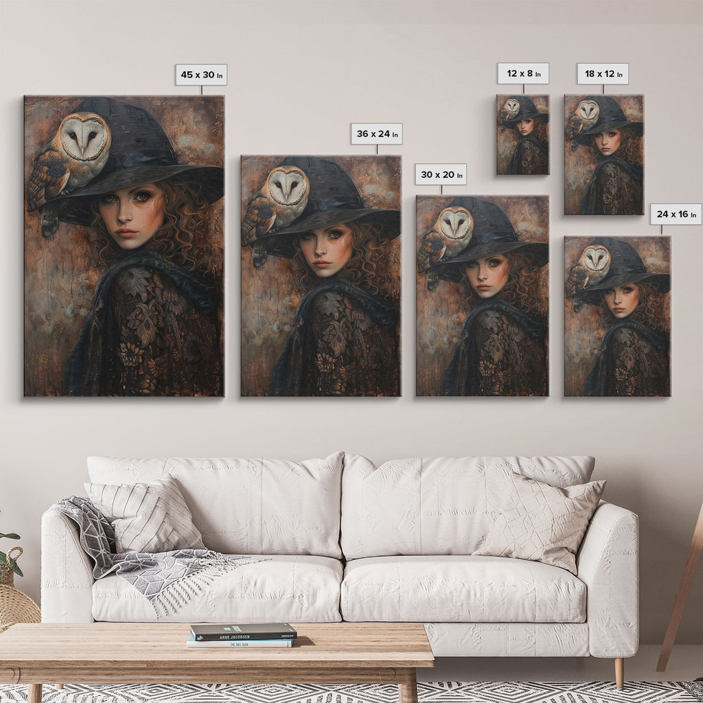 Witch with Crow in Spooky Forest - Halloween Art, Gothic Art, Spooky Decor, Dark Magic Art, Mysterious Portrait, Framed Canvas Print | | Wiccan Center