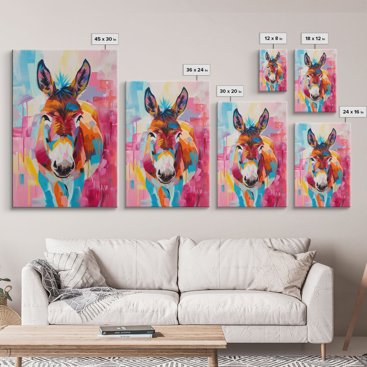 Vibrant Donkey Close-up Art - Framed Canvas Print, Southwestern Decor, Colorful Living Room Wall Art, Modern Animal Portrait